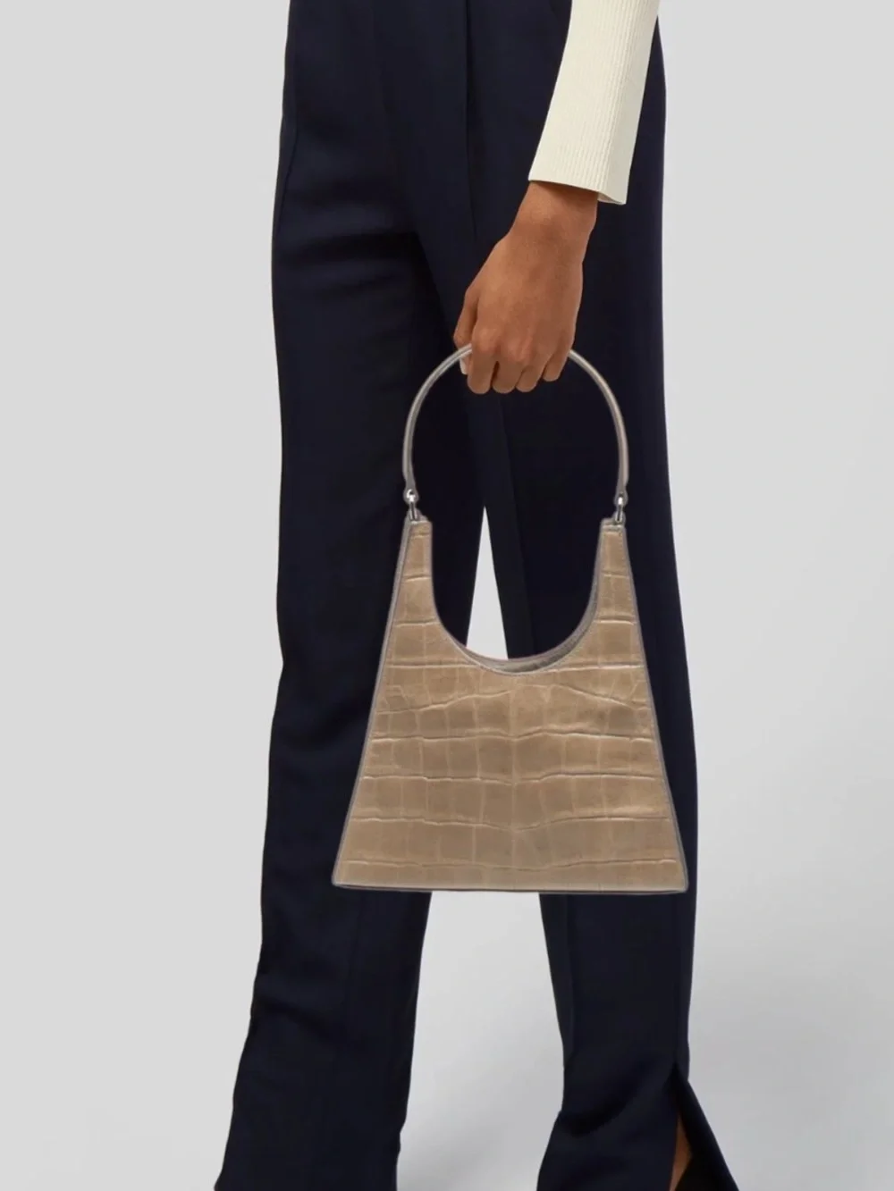 STAUD Mini Rey Taupe Croc-Embossed Top-Handle Bag